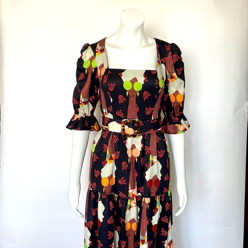 Hutch Tiered Bottom Maxi Dress with Lady Pattern & Belt